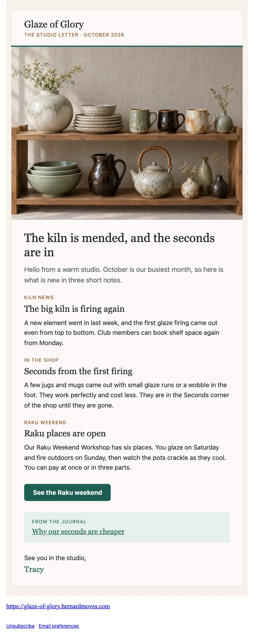 The October studio letter: a shelf of pots above the heading The kiln is mended, and the seconds are in.