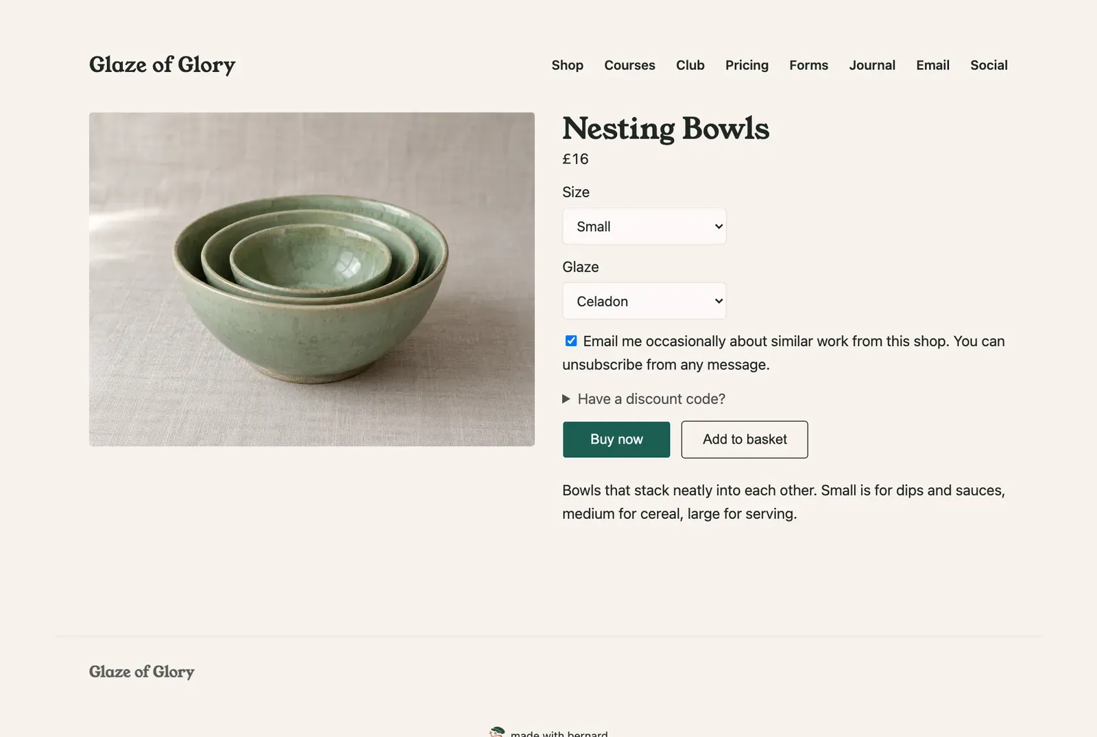 The Nesting Bowls product page: three green bowls stacked, the price £16, a Size menu set to Small, a Glaze menu set to Celadon, a discount code link, and Buy now and Add to basket buttons.