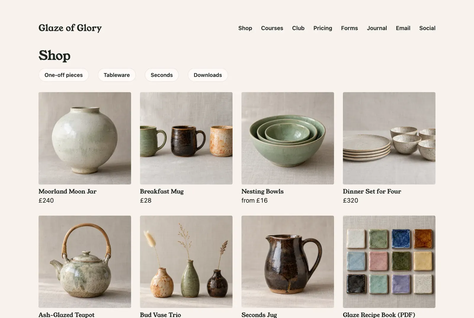 The Glaze of Glory shop page: collection buttons for One-off pieces, Tableware, Seconds and Downloads, above a grid of pots: Moorland Moon Jar £240, Breakfast Mug £28, Nesting Bowls from £16, Dinner Set for Four £320, a teapot, bud vases, a jug and a glaze recipe book.