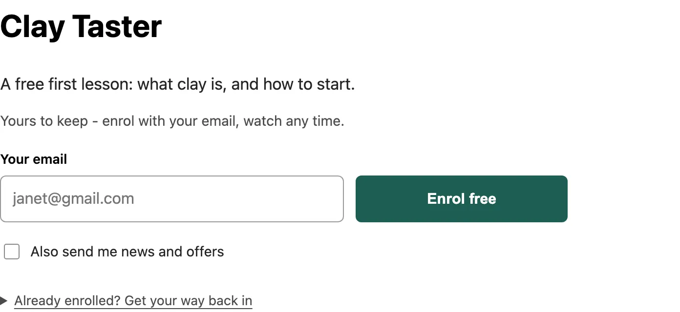 The Clay Taster page: an email box and an Enrol free button.