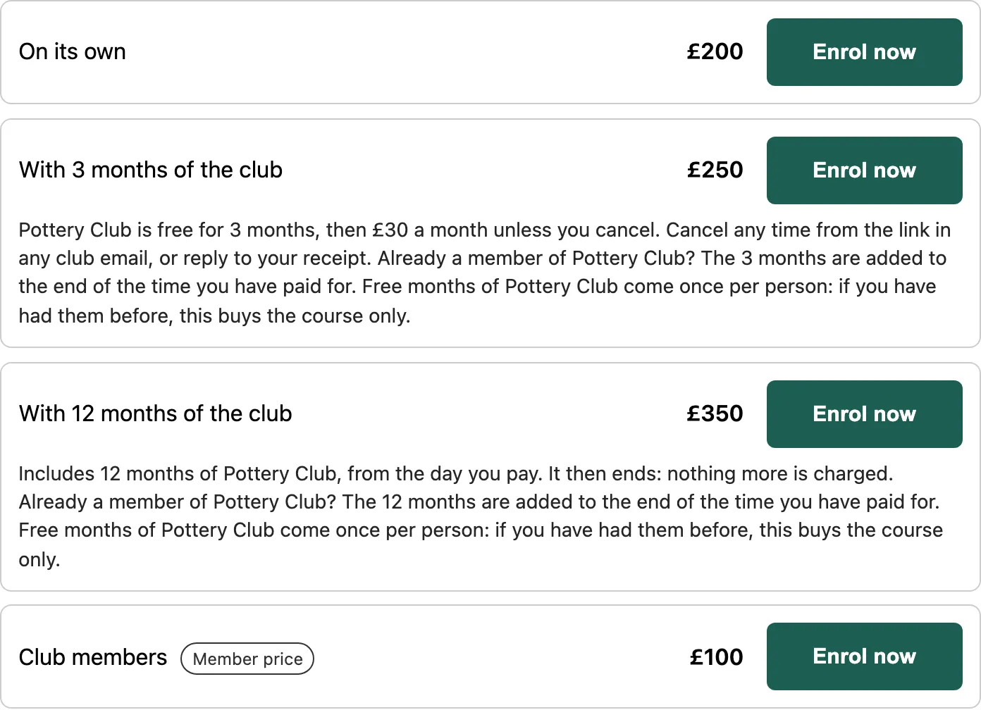 What a signed-in club member sees: the same versions, plus the £100 member price.