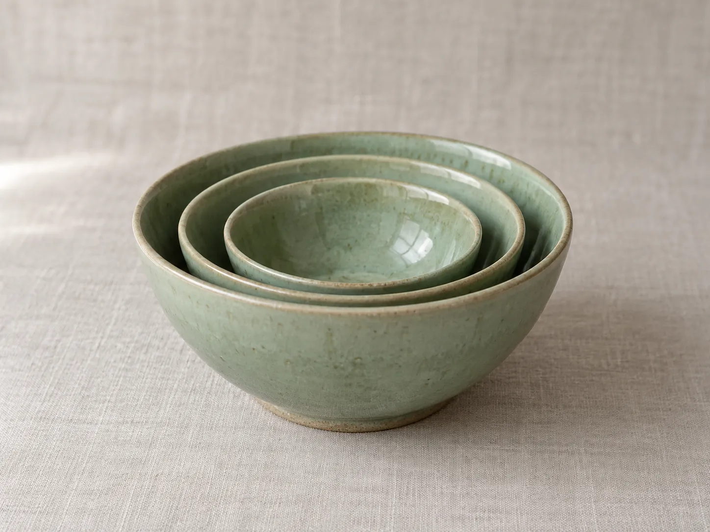 Three celadon green bowls nested inside each other.