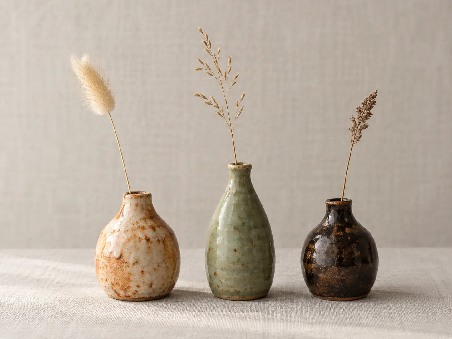 Three small bud vases in shino, celadon and tenmoku, each with a dried grass stem.