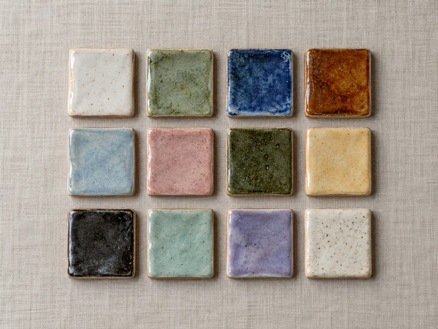 A grid of twelve small glazed test tiles in different colours, seen from above.
