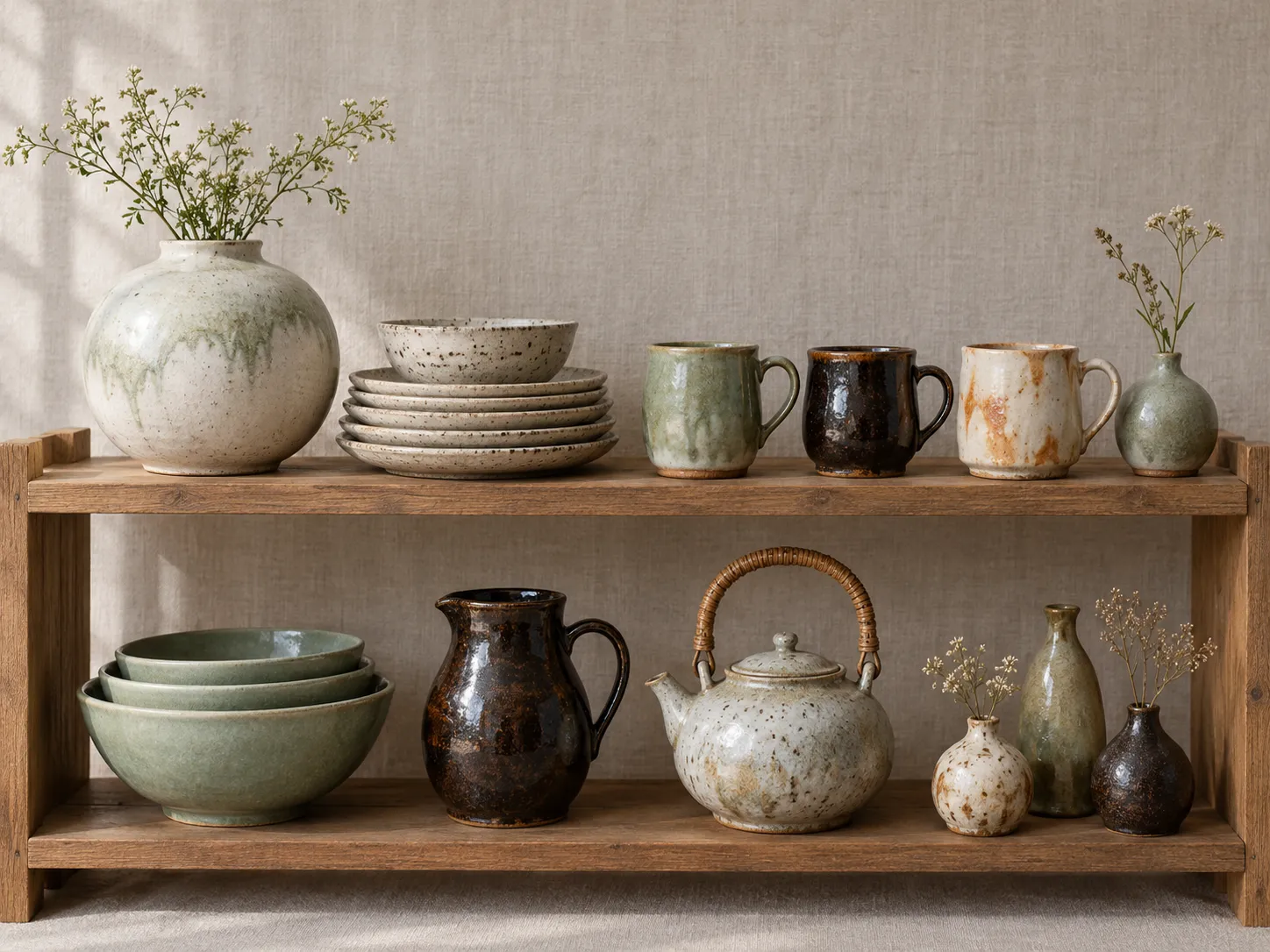 A wooden studio shelf holding a moon jar, plates, mugs, bowls, a jug, a teapot and small vases.