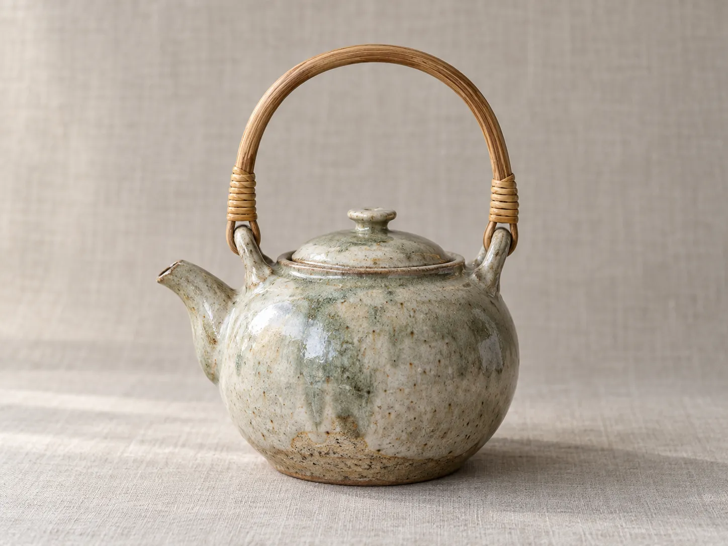 An ash-glazed stoneware teapot with a cane handle.